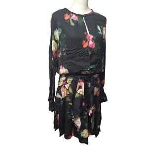 Finley Wrap Belt Dress Black Floral Long Sleeve Lightweight Women Small Tie Wais